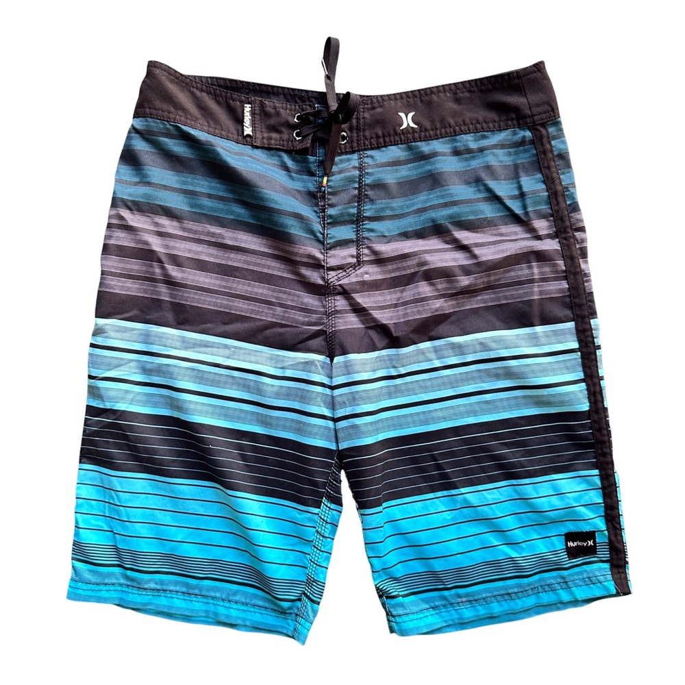 Hurley Mens Board Shorts Blue Teal Striped Swim‎ Trunks Size 31 Surf Beachwear